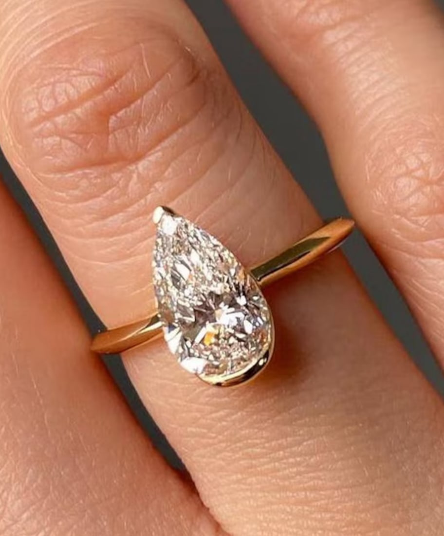 Certified 2 Carat Pear Cut Lab Grown Diamond VVS1 F Color 14kt Solid Yellow Gold Engagement Ring -: Certified 2 Carat Pear Cut Lab Grown Diamond VVS1 E Color 14kt Solid Yellow Gold Engagement Ring - Ring Size US - 7 - Ring Resize Available free of cost - Free Shipping,