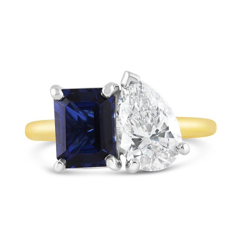 Certified 8 Carat Lab Grown Diamond 14kt Solid Yellow Gold Engagement Ring: Certified 8 Carat Lab Grown Diamond With Lab Grown Blue Sapphire 14kt Solid Yellow Gold Engagement Ring - Lab Grown Diamond 4 Carat Pear Cut VS1 E Color - lab grown sapphire 4 Carat Emerald Cut - Ring