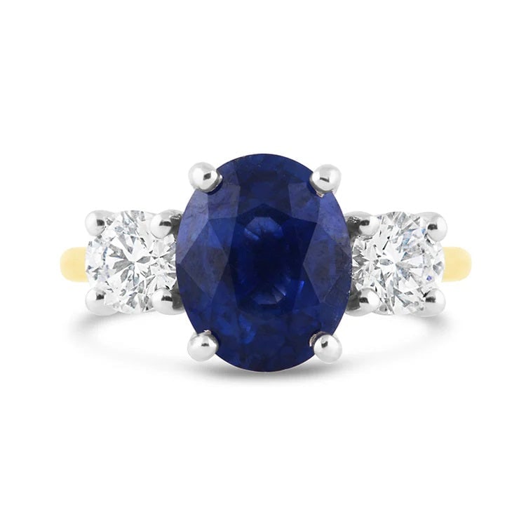 Certified 5.5 Carat Oval Cut Lab Grown Blue Sapphire 14kt Solid Yellow Gold Engagement Ring: Certified 5.5 Carat Oval Cut Lab Grown Blue Sapphire 14kt Solid Yellow Gold Engagement Ring - Side Stone Lab Grown Diamonds 0.60 ct Round Cut D Color VVS1 - Ring Size US 6.5 - Resize Available free of