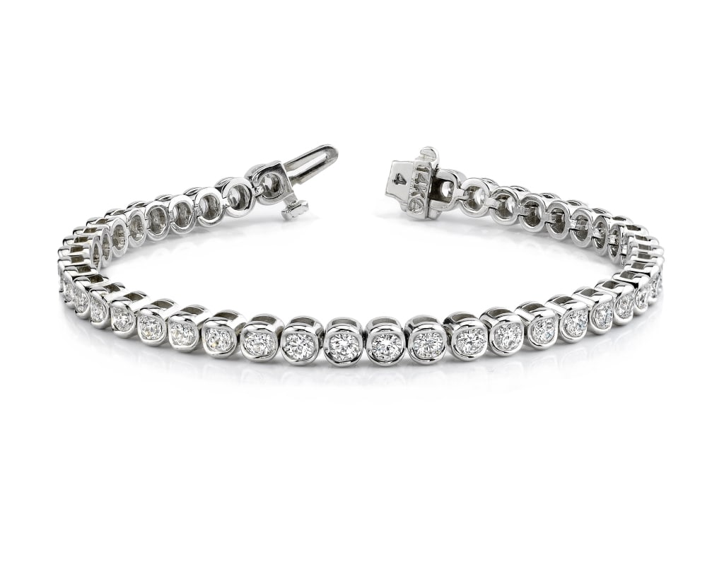 Certified 3 MM Lab Grown Dianond 14kt Solid White Gold Bezel Setting Bracelet: Certified 3 MM Lab Grown Dianond 14kt Solid White Gold Bezel Setting Bracelet - D VVS1 Round Cut - 7.5 Inch