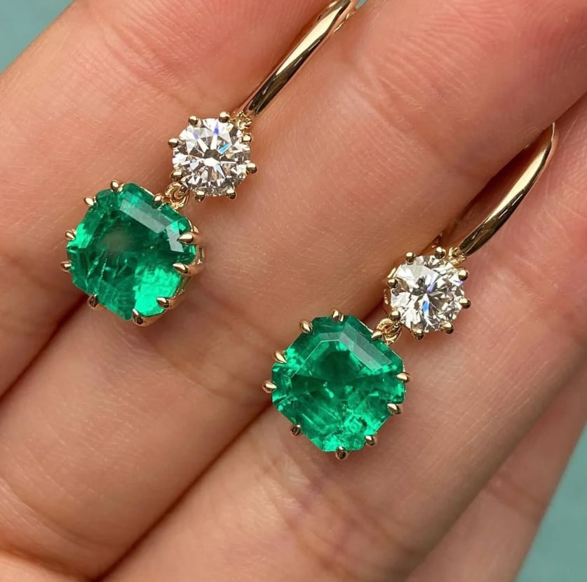 Certified 7 Carat 14kt Solid Yellow Gold Lab Grown Green Emerald Earrings (1 of 3)