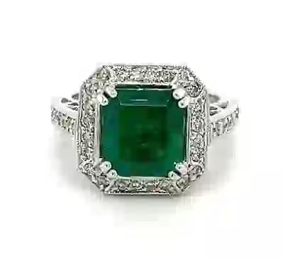 4 Carat Zambian Emerald in 18K Solid White Gold Ring & Round Cut Diamond Halo: Certified 4 Carat Zambian Emerald in 18K Solid White Gold Ring & Round Cut Diamond Halo- 0.40 Ct Diamonds G Vs1 Round Cut - 6.5 US Size