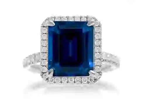 Certified 10.5 Carat lab grown sapphire 14kt Solid White Gold Ring: Certified 10.5 Carat emerald cut lab grown sapphire 14kt Solid White Gold Ring - Ring Size US 7 Side Diamonds round cut vs1 g color round cut 0.45 ct