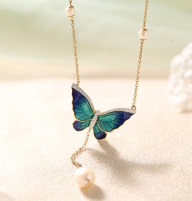 18k Gold Solid Yellow Flared Blue Butterfly Pearl Necklace Natural Diamonds 18 inch: 18k Gold Solid Yellow Flared Blue Butterfly Pearl Necklace Natural Diamonds 18 inch