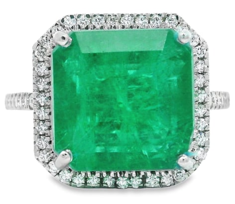 Certified 12 Carat Emerald Cut 14kt Solid White Gold Natural Emerald & Natural Diamond Ring - 2
