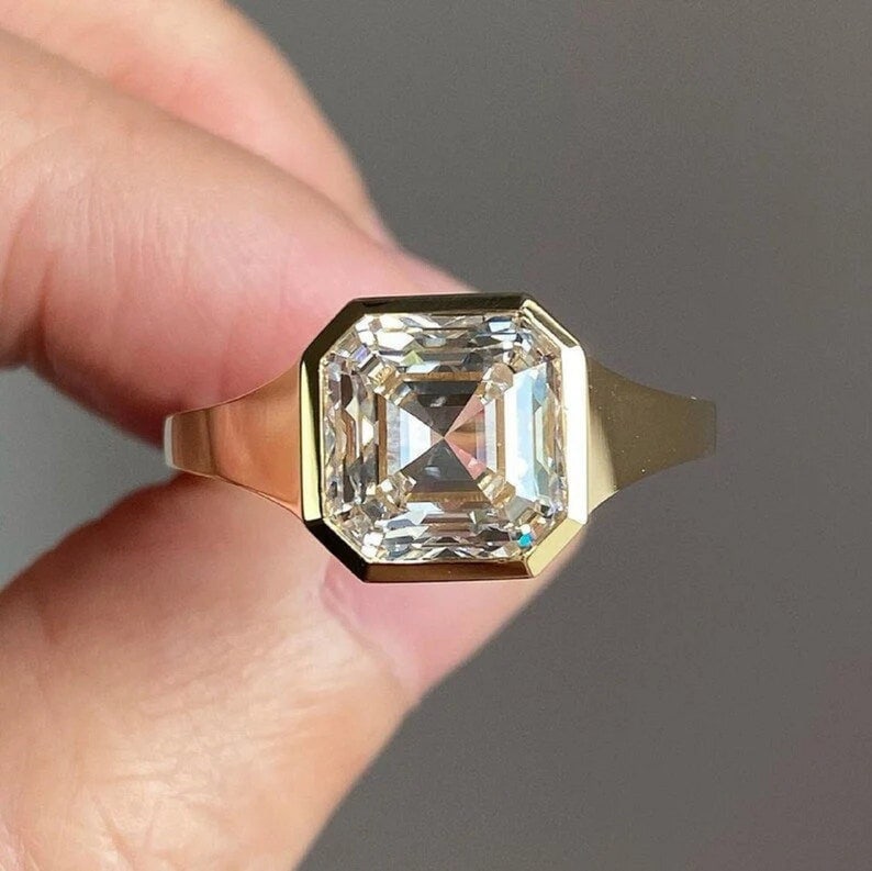 Certified 3.5 Carat 14KT Solid Yellow Gold Lab Grown Diamond Asscher Cut Engagement Ring: Certified 3.5 Carat 14KT Solid Yellow Gold E VVS1 Lab Grown Diamond Asscher Cut Engagement Ring - Ring Size US - 6.5