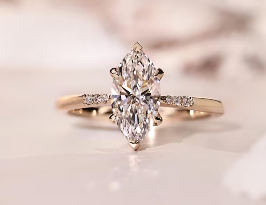 Certified 4.00 Carat Marcquise Cut Lab Grown Diamond D VVS1 Color 14kt Solid Yellow Gold: Certified 4.00 Carat Marcquise Cut Lab Grown Diamond D VVS1 Color 14kt Solid Yellow Gold Engagement Ring - Side Stone Lab Grown Diamonds 0.30 CT Round Cut VS1 E Color - Ring Size US 7