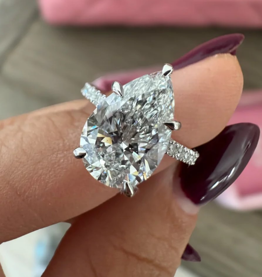 Certified 8.5 Carat Pear Cut Lab Grown Diamond D VVS1 Color 14kt Solid White Gold Engagement Ring: Certified 8.5 Carat Pear Cut Lab Grown Diamond D VVS1 Color 14kt Solid White Gold Engagement Ring - Side Stone Lab Grown Diamonds 0.60 Ct Round Cut VS1 E Color - Ring Size US 8