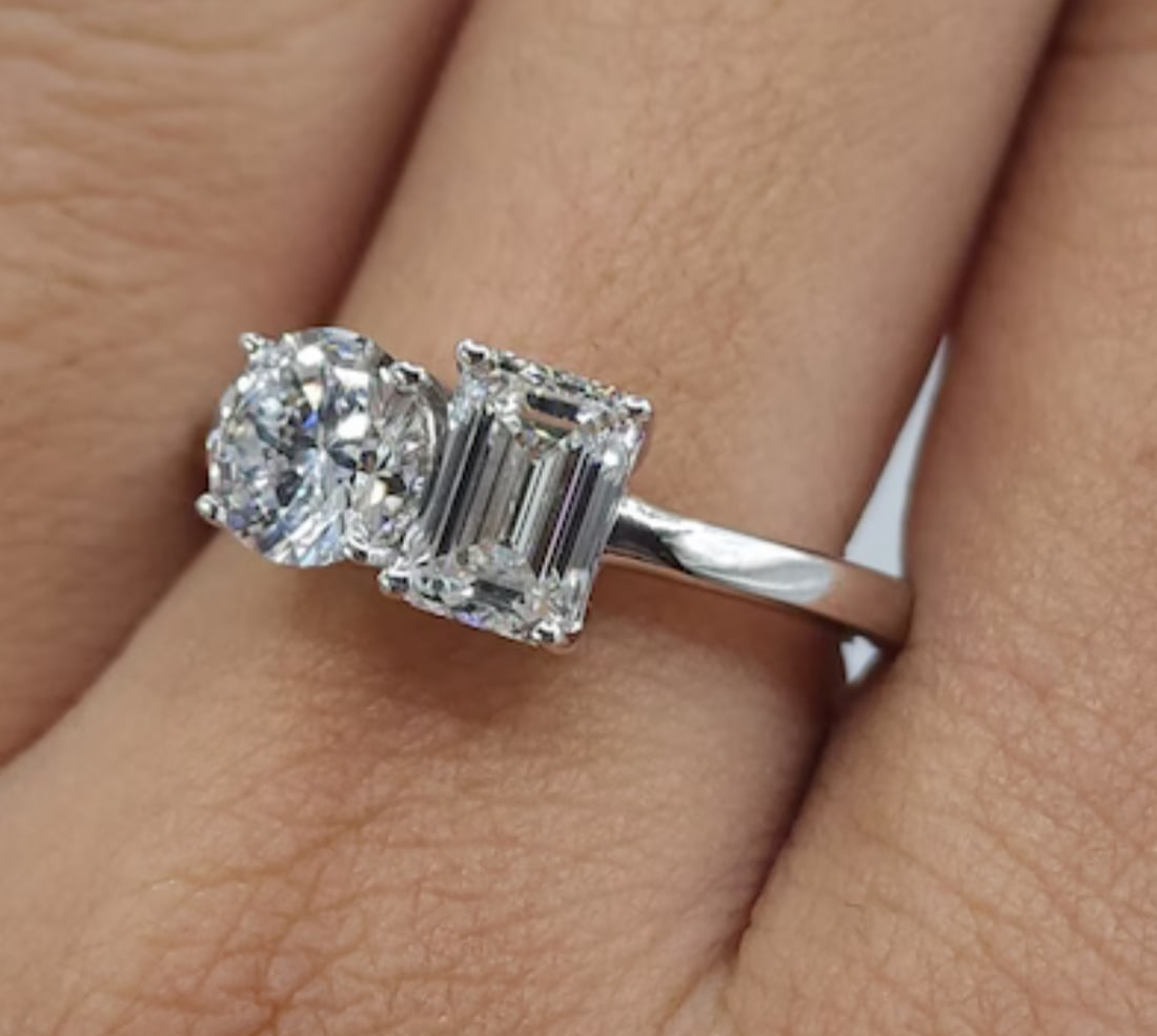 Certified 3 Carat Emerald & Round Cut Lab Grown Diamond D VVS1 Color 14kt Solid White Gold (1 of 3)