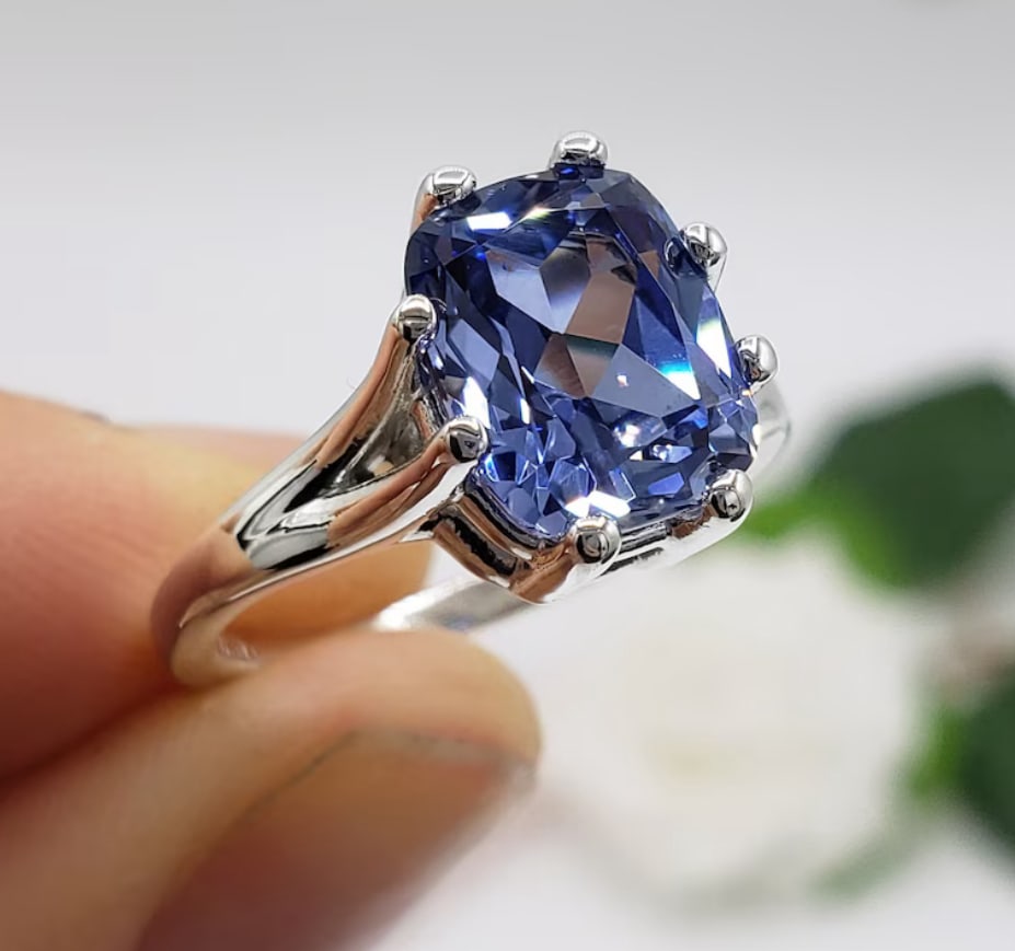 Certified 10 Carat Long Cushion Cut Lab Grown Sapphire 14kt Solid White Gold Engagement Ring: Certified 10 Carat Long Cushion Cut Lab Grown Sapphire 14kt Solid White Gold Engagement Ring - Ring Szie US 6