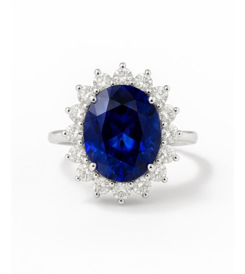 Certified 10 Carat Oval Cut Lab Grown Sapphire & Lab Grown Diamonds 14kt Solid White Gold Engagement: Certified 10 Carat Oval Cut Lab Grown Sapphire & Lab Grown Diamonds 14kt Solid White Gold Engagement Ring - Side Stone Lab Grown Diamonds 0.70 CT Round Cut VS1 E Color - Ring Size US 7