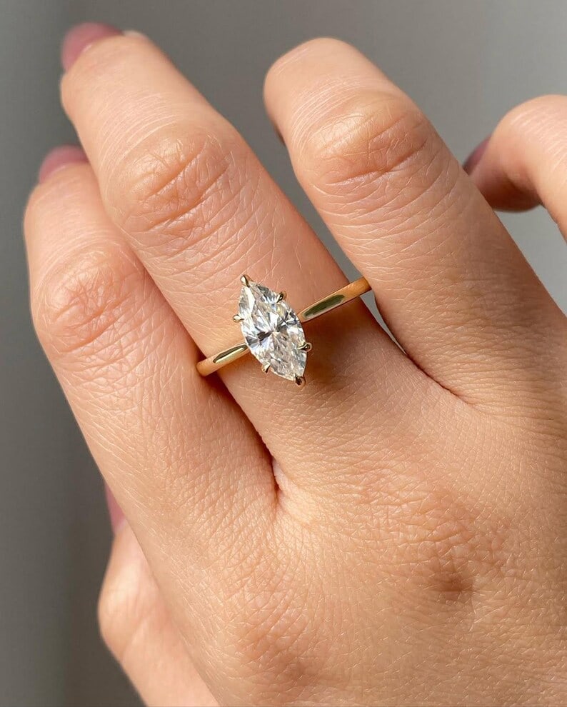 Certified 2 Carat Marquise Cut Lab Grown Diamond VVS1 E Color 14kt Solid Yellow Gold Engagement (1 of 3)