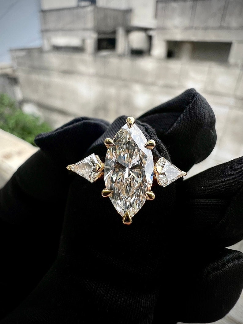 Certified 4 Carat 14KT Solid Rose Gold Lab Grown Diamond Marquise Cut Engagement Ring: Certified 4 Carat 14KT Solid Rose Gold Lab Grown Diamond Marquise Cut Engagement Ring - Side Stone is Lab Grown Diamond Fancy Cut VS1 E Color 0.60 ct - Ring Size US 6