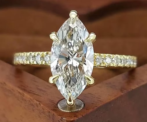 Certified 3.00 Carat Marquise Lab Grown Diamond 14kt Solid Yellow Gold Engagement Ring: Certified 3.00 Carat Marquise D VVS1 Lab Grown Diamond 14kt Solid Yellow Gold Engagement Ring - Side Stone is Lab Grown Diamonds VS1 E Color Round Cut 0.40 CT - Ring Size US 7
