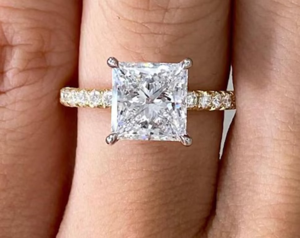 Certified 3 Carat Princess Cut Lab Grown Diamond D VVS1 Color 14kt Solid Yellow Gold Engagement Ring: Certified 3 Carat Princess Cut Lab Grown Diamond D VVS1 Color 14kt Solid Yellow Gold Engagement Ring - Side Stone Lab Grown Diamonds 0.60 CT Round Cut VS1 E Color - Ring Size US 6