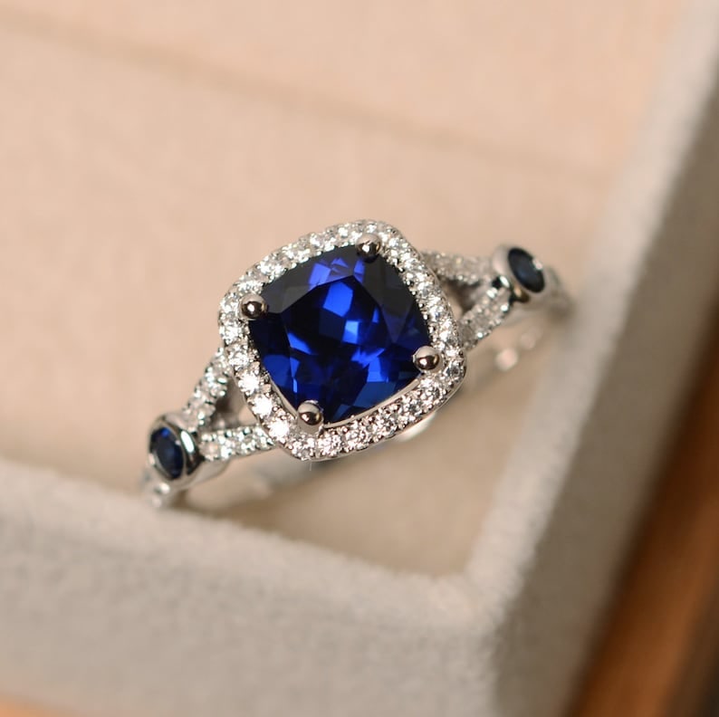 Certified 5 Carat Cushion Cut Lab Grown Sapphire & Lab Grown Diamonds 14kt Solid White Gold: Certified 5 Carat Cushion Cut Lab Grown Sapphire & Lab Grown Diamonds 14kt Solid White Gold Engagement Ring -Side Stone Lab Grown Diamonds 0.60 CT Round Cut VS1 E Color - Ring Size US 6
