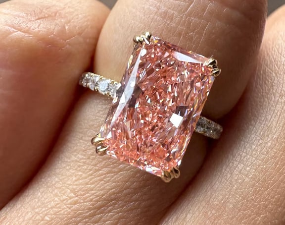 5 Ct Radiant Cut Certified Pink VVS1 Lab Grown Diamond in 14KT Solid Yellow Gold Engagement Ring: 5 Ct Radiant Cut Certified Pink VVS1 Lab Grown Diamond in 14KT Solid Yellow Gold Engagement Ring - Side Stone Lab Grown Diamonds VVS1 D color Round Cut 0.40 ct - Excellent Luster -& Free Shipping - Ri