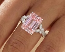 5.5 Ct Emerald Cut Certified Pink VVS1 Lab Grown Diamond in 14KT Solid White Gold Engagement Ring: 5.5 Ct Emerald Cut Certified Pink VVS1 Lab Grown Diamond in 14KT Solid White Gold Engagement Ring - Side Stone Lab Grown Diamonds VVS1 D color Fancy & Round Cut 0.60 ct - Excellent Luster -& Free Ship