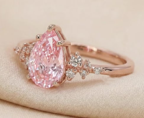 3.5 Ct Pear Cut Certified Pink VVS1 Lab Grown Diamond in 14KT Solid Rose Gold Engagement Ring: 3.5 Ct Pear Cut Certified Pink VVS1 Lab Grown Diamond in 14KT Solid Rose Gold Engagement Ring - Side Stone Lab Grown Diamonds VVS1 D Round Cut 0.20 Ct - Excellent Luster -& Free Shipping - Ring Size U