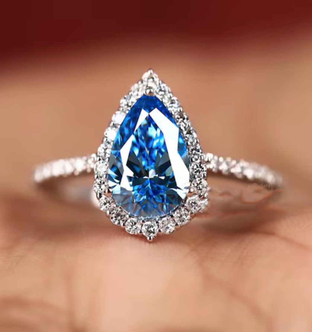 2 Ct Pear Cut Certified Blue VVS1 Lab Grown Diamond in 14KT Solid White Gold Engagement Ring: 2 Ct Pear Cut Certified Blue VVS1 Lab Grown Diamond in 14KT Solid White Gold Engagement Ring - Side Stone Lab Grown Diamonds VVS1 D Round Cut 0.40 Ct - Excellent Luster -& Free Shipping - Ring Size US