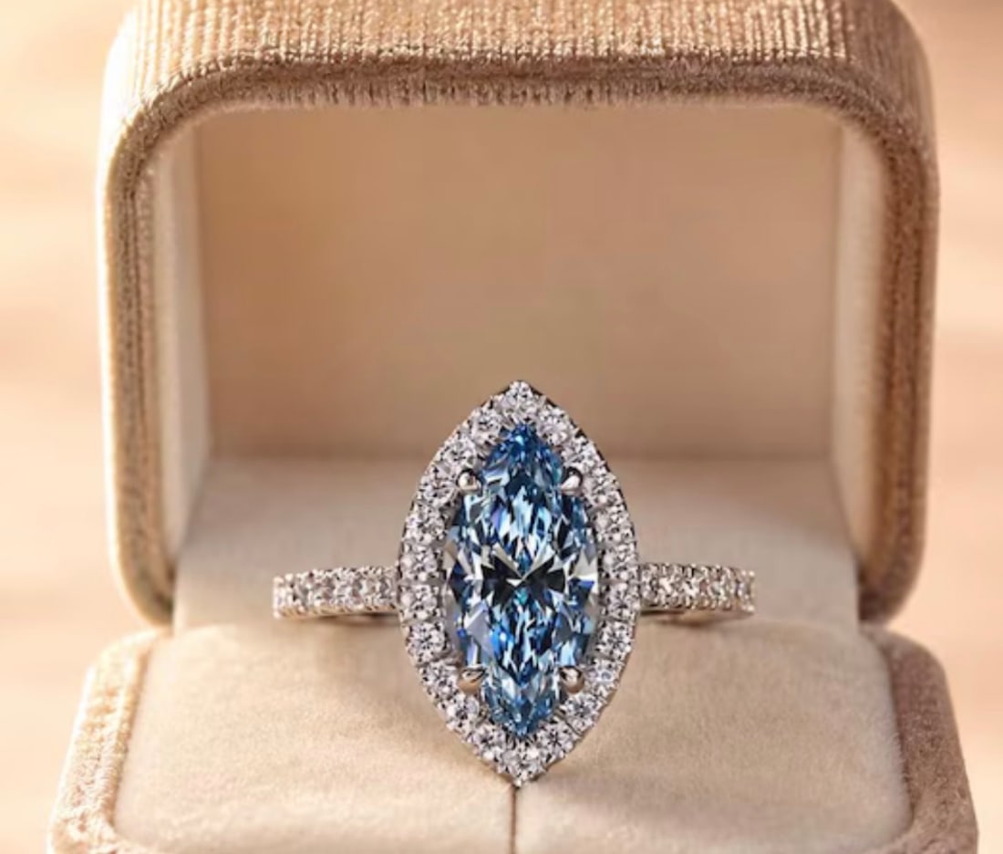 3 Ct Marquise Cut Certified Blue VVS1 Lab Grown Diamond in 14KT Solid White Gold Engagement Ring: 3 Ct Marquise Cut Certified Blue VVS1 Lab Grown Diamond in 14KT Solid White Gold Engagement Ring - Side Stone Lab Grown Diamonds VVS1 D Round Cut 0.30 Ct - Excellent Luster -& Free Shipping - Ring Siz