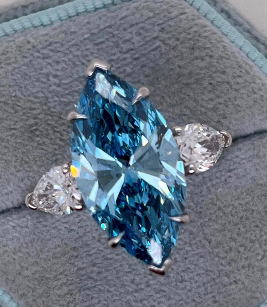 4 Ct Marquise Cut Certified Blue VVS1 Lab Grown Diamond in 14KT Solid White Gold Engagement Ring: 4 Ct Marquise Cut Certified Blue VVS1 Lab Grown Diamond in 14KT Solid White Gold Engagement Ring - Side Stone Lab Grown Diamonds VVS1 D Fancy Cut 0.70 Ct - Excellent Luster -& Free Shipping - Ring Siz