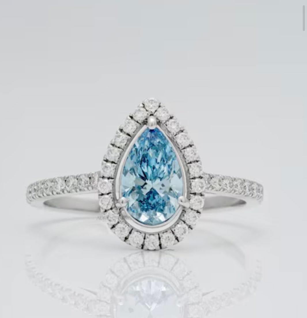 1.5 Ct Pear Cut Certified Blue VVS1 Lab Grown Diamond in 14KT Solid White Gold Engagement Ring: 1.5 Ct Pear Cut Certified Blue VVS1 Lab Grown Diamond in 14KT Solid White Gold Engagement Ring - Side Stone Lab Grown Diamonds VVS1 D Round Cut 0.40 Ct - Excellent Luster -& Free Shipping - Ring Size 