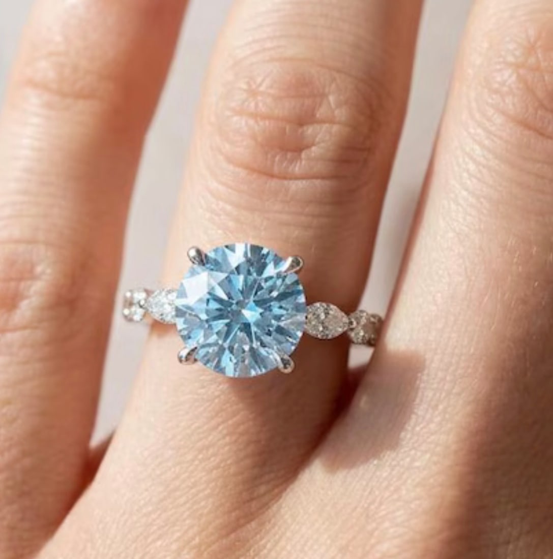 3 Ct Round Cut Certified Blue VVS1 Lab Grown Diamond in 14KT Solid White Gold Engagement Ring: 3 Ct Round Cut Certified Blue VVS1 Lab Grown Diamond in 14KT Solid White Gold Engagement Ring - Side Stone Lab Grown Diamonds VVS1 D Fancy Cut 0.60 Ct - Excellent Luster -& Free Shipping - Ring Size U