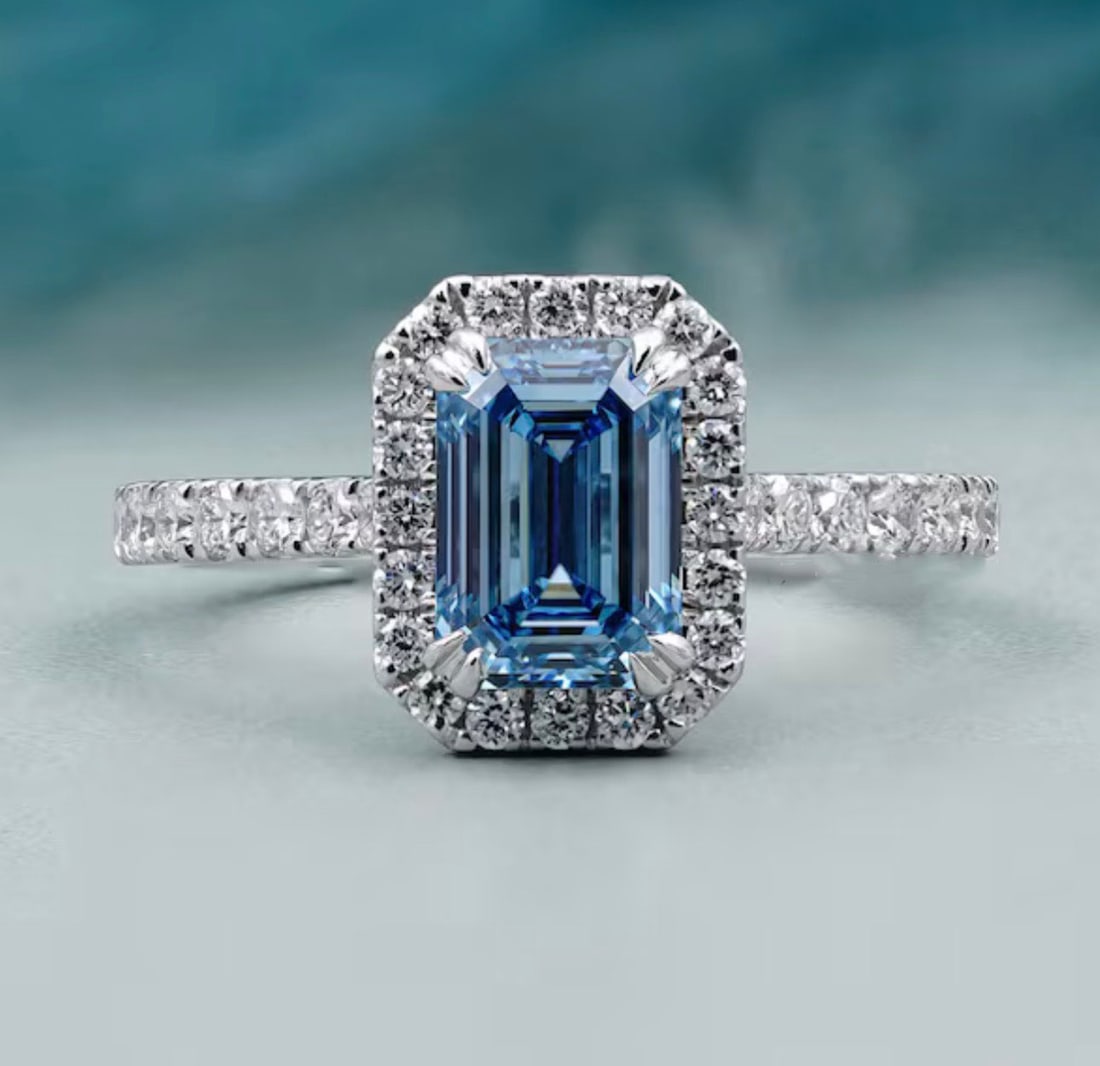 2 Ct Emerald Cut Certified Blue VVS1 Lab Grown Diamond in 14KT Solid White Gold Engagement Ring: 2 Ct Emerald Cut Certified Blue VVS1 Lab Grown Diamond in 14KT Solid White Gold Engagement Ring - Side Stone Lab Grown Diamonds VVS1 D Round Cut 0.40 Ct - Excellent Luster -& Free Shipping - Ring Size