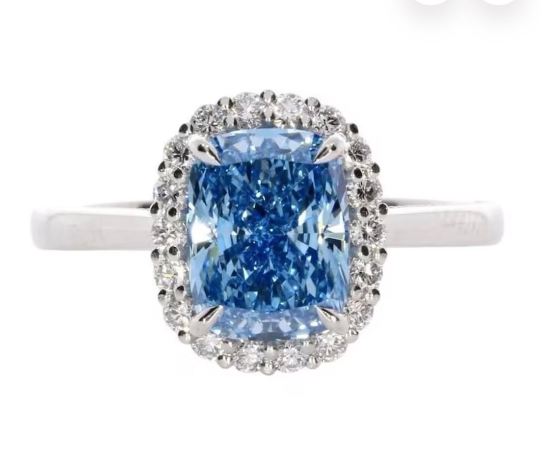 3.5 Ct Long Cushion Cut Certified Blue VVS1 Lab Grown Diamond in 14KT Solid White Gold Engagement: 3.5 Ct Long Cushion Cut Certified Blue VVS1 Lab Grown Diamond in 14KT Solid White Gold Engagement Ring - Side Stone Lab Grown Diamonds VVS1 D Round Cut 0.30 Ct - Excellent Luster -& Free Shipping - Ri