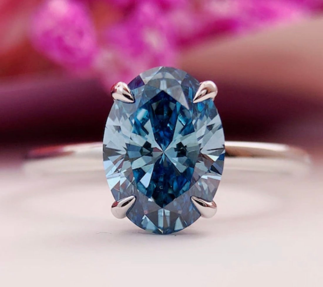 2.5 Ct Oval Cut Certified Blue VVS1 Lab Grown Diamond in 14KT Solid White Gold Engagement Ring: 2.5 Ct Oval Cut Certified Blue VVS1 Lab Grown Diamond in 14KT Solid White Gold Engagement Ring - Side Stone Lab Grown Diamonds VVS1 D Round Cut 0.20 Ct - Excellent Luster -& Free Shipping - Ring Size 