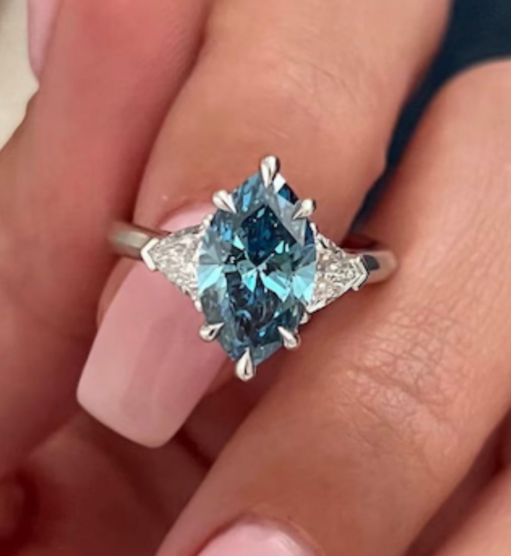 2.5 Ct Marquise Cut Certified Blue VVS1 Lab Grown Diamond in 14KT Solid White Gold Engagement Ring: 2.5 Ct Marquise Cut Certified Blue VVS1 Lab Grown Diamond in 14KT Solid White Gold Engagement Ring - Side Stone Lab Grown Diamonds VVS1 D Fancy Cut 0.60 Ct - Excellent Luster -& Free Shipping - Ring S