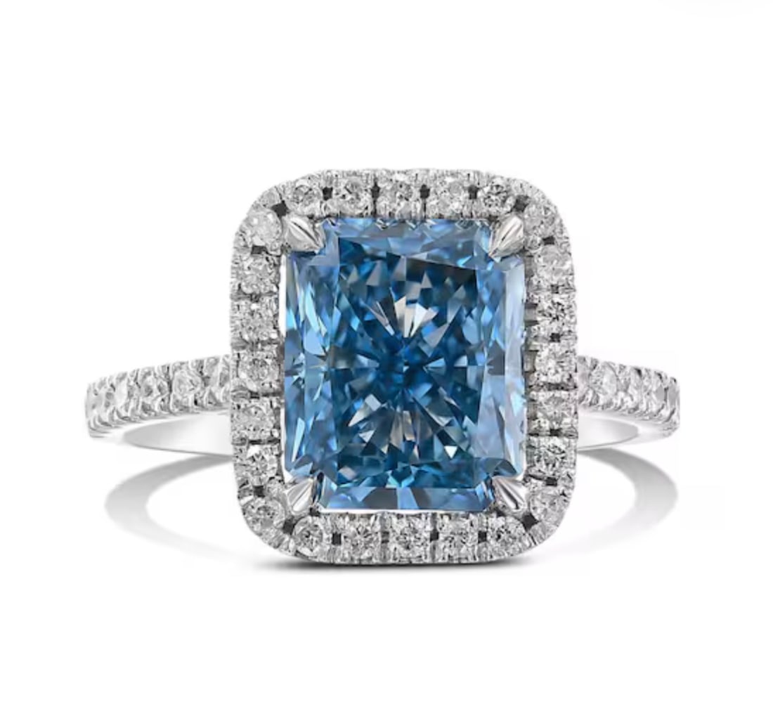 4 Ct Radiant Cut Certified Blue VVS1 Lab Grown Diamond in 14KT Solid White Gold Engagement Ring: 4 Ct Radiant Cut Certified Blue VVS1 Lab Grown Diamond in 14KT Solid White Gold Engagement Ring - Side Stone Lab Grown Diamonds VVS1 D Round Cut 0.50 Ct - Excellent Luster -& Free Shipping - Ring Size