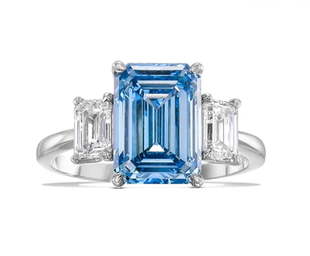 5 Ct Emerald Cut Certified Blue VVS1 Lab Grown Diamond in 14KT Solid White Gold Engagement Ring: 5 Ct Emerald Cut Certified Blue VVS1 Lab Grown Diamond in 14KT Solid White Gold Engagement Ring - Side Stone Lab Grown Diamonds VVS1 D Emerald Cut 0.80 Ct - Excellent Luster -& Free Shipping - Ring Si