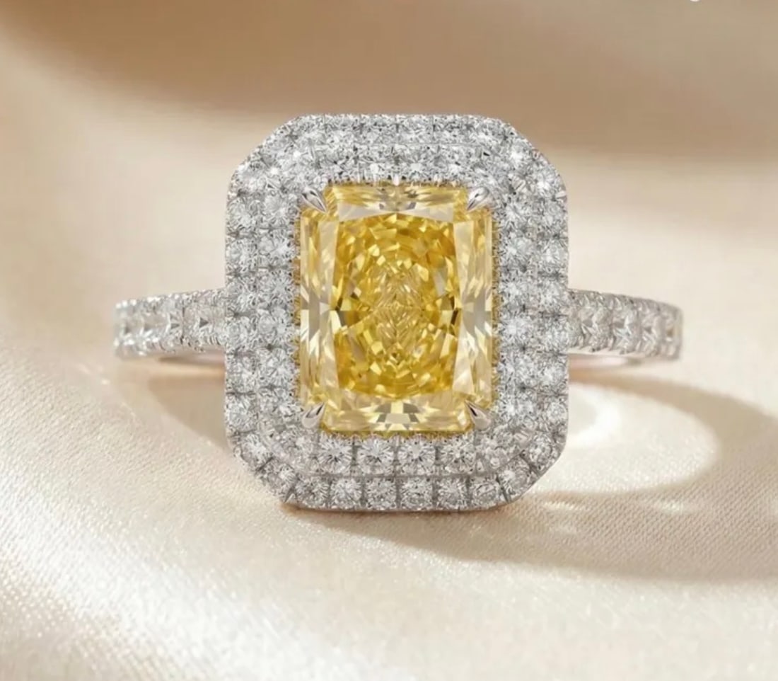 3 Ct Radiant Cut Certified Yellow VVS1 Lab Grown Diamond in 14KT Solid White Gold Engagement Ring: 3 Ct Radiant Cut Certified Yellow VVS1 Lab Grown Diamond in 14KT Solid White Gold Engagement Ring - Side Stone Lab Grown Diamonds VVS1 D Round Cut 0.70 Ct - Excellent Luster -& Free Shipping - Ring Si