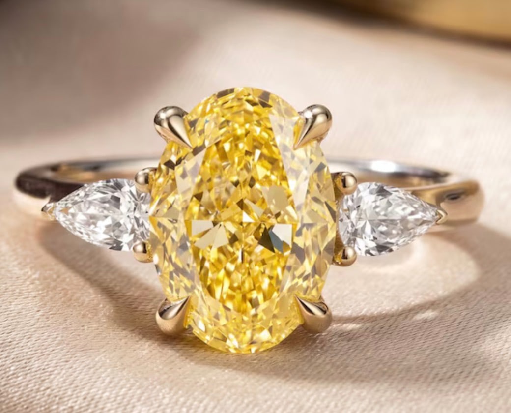 3 Ct Oval Cut Certified Yellow VVS1 Lab Grown Diamond in 14KT Solid White Gold Engagement Ring: 3 Ct Oval Cut Certified Yellow VVS1 Lab Grown Diamond in 14KT Solid White Gold Engagement Ring - Side Stone Lab Grown Diamonds VVS1 D Pear Cut 0.80 Ct - Excellent Luster -& Free Shipping - Ring Size U