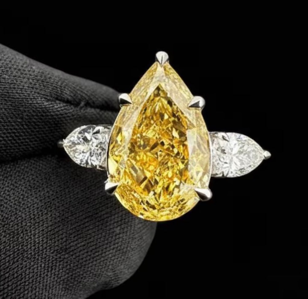 7.5 Ct Pear Cut Certified Yellow VVS1 Lab Grown Diamond in 14KT Solid White Gold Engagement Ring: 7.5 Ct Pear Cut Certified Yellow VVS1 Lab Grown Diamond in 14KT Solid White Gold Engagement Ring - Side Stone Lab Grown Diamonds VVS1 D Pear Cut 0.80 Ct - Excellent Luster -& Free Shipping - Ring Size