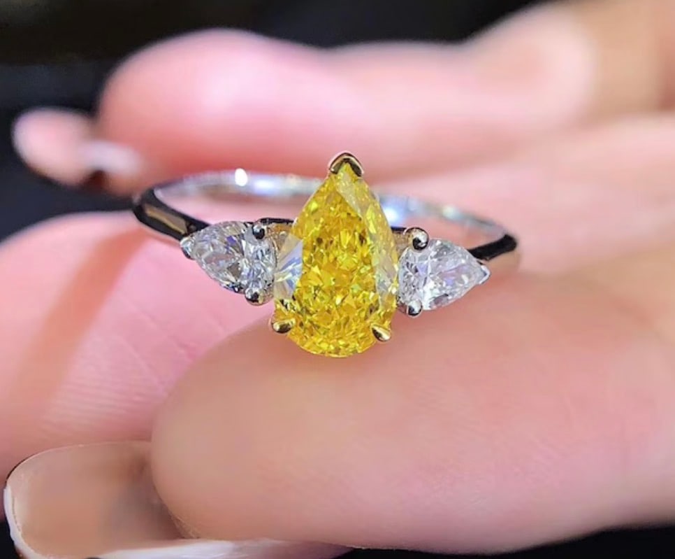 1.5 Ct Pear Cut Certified Yellow VVS1 Lab Grown Diamond in 14KT Solid White Gold Engagement Ring: 1.5 Ct Pear Cut Certified Yellow VVS1 Lab Grown Diamond in 14KT Solid White Gold Engagement Ring - Side Stone Lab Grown Diamonds VVS1 D Pear Cut 0.40 Ct - Excellent Luster -& Free Shipping - Ring Size