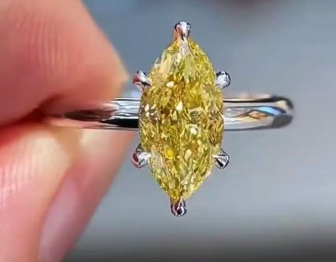 2.5 Ct Marquise Cut Certified Yellow VVS1 Lab Grown Diamond in 14KT Solid White Gold Engagement Ring: 2.5 Ct Marquise Cut Certified Yellow VVS1 Lab Grown Diamond in 14KT Solid White Gold Engagement Ring - Ring Size US 7