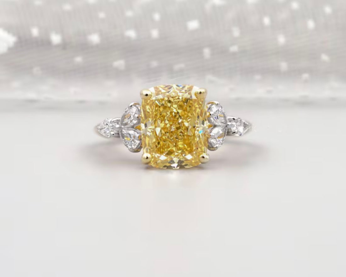 3.5 Ct Cushion Cut Certified Yellow VVS1 Lab Grown Diamond in 14KT Solid Yellow Gold Engagement Ring: 3.5 Ct Cushion Cut Certified Yellow VVS1 Lab Grown Diamond in 14KT Solid Yellow Gold Engagement Ring - Side Stone Lab Grown Diamonds VVS1 D Fancy Cut 0.60 Ct - Excellent Luster -& Free Shipping - Ring