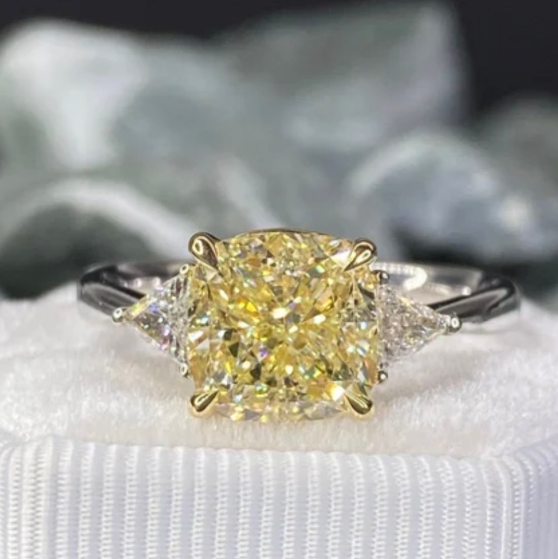 3 Ct Cushion Cut Certified Yellow VVS1 Lab Grown Diamond in 14KT Solid White Gold Engagement Ring: 3 Ct Cushion Cut Certified Yellow VVS1 Lab Grown Diamond in 14KT Solid White Gold Engagement Ring - Side Stone Lab Grown Diamonds VVS1 D Pear Cut 0.60 Ct - Excellent Luster -& Free Shipping - Ring Siz