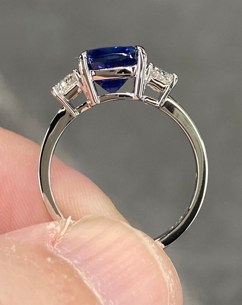 Certified 12 Carat Lab Grown Diamond & Cushion Cut Lab Grown Blue Sapphire VVS1 E Color 14kt Solid: Certified 12 Carat Cushion Cut Lab Grown Blue Sapphire & Lab Grown Diamond VVS1 E Color 14kt Solid White Gold Engagement Ring - Side Stone Lab Grwon Diamonds VS1 E Color Fancy Cut 0.80 - Ring Resize A