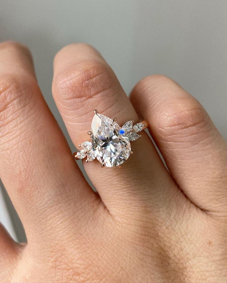 Certified 5.50 Carat Pear Cut Lab Grown Diamond VVS1 D Color 14kt Solid Rose Gold Engagement Ring -: Certified 5.50 Carat Pear Cut Lab Grown Diamond VVS1 D Color 14kt Solid Rose Gold Engagement Ring - Side Stone is Lab Grown Diamonds VS1 E Color 0.90 Ct - Ring Size US - 6 -Ring Resize Available free 