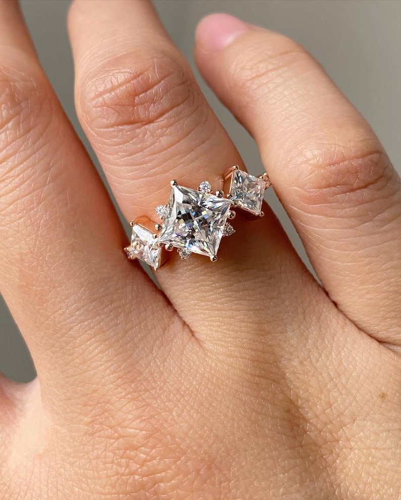 Certified 3 Carat Princess Cut Lab Grown Diamond VVS1 E Color 14kt Solid Rose Gold Engagement Ring: Certified 3 Carat Princess Cut Lab Grown Diamond VVS1 E Color 14kt Solid Rose Gold Engagement Ring - Ring Size US 6 - Ring Resize Available free of Cost - Free Shipping