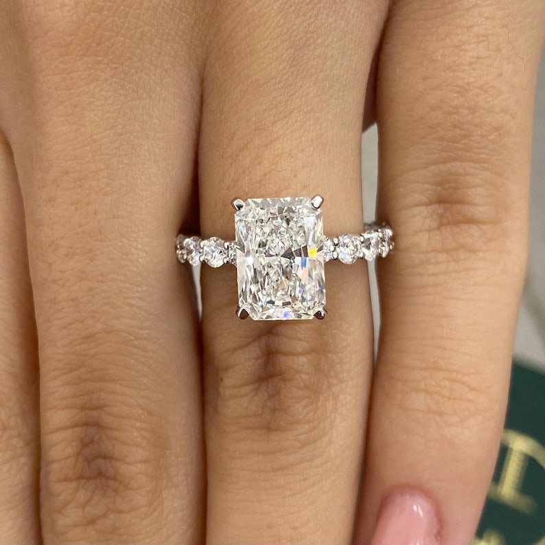 Certified 10 Carat Lab Grown Diamond 14kt Solid White Gold Engagement Ring: Certified 10 Carat Lab Grown Diamond 14kt Solid White Gold Engagement Ring - Radiant Cut VVS1 E Color - Side Stones Lab Grwon Diamonds VS1 E Color 0.1.20 Ct - Ring Size US 6 - Resize Available free of