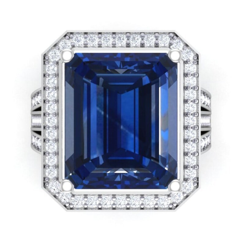 Certified 20 Carat lab grown sapphire 14kt Solid White Gold Ring: Certified 20 Carat lab grown sapphire 14kt Solid White Gold Ring Emerald cut - Ring Size US 7.5 - Side Stone lab grown Dimaonds 1.20 ct round cut vs1 g color,, Ring Resize Available free of Cost-Free 