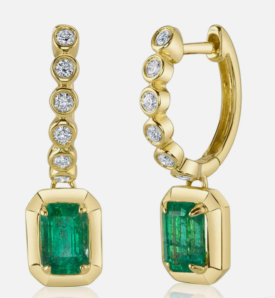 Certified 2 Carat 14kt Solid White Gold Lab Grown Green Emerald Earrings: Certified 2 Carat 14kt Solid White Gold Lab Grown Green Emerald Earrings - Side Diamonds is 0.40 ct vs1 e color round cut