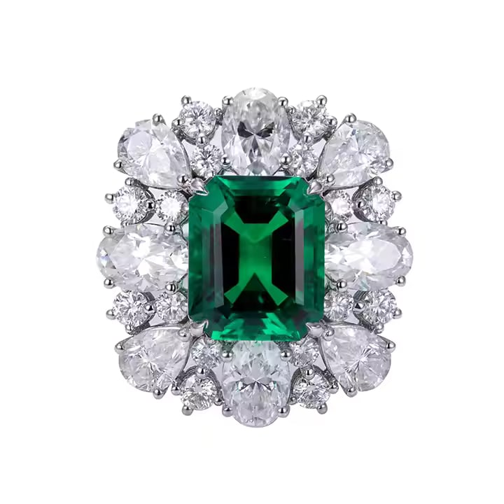 Certified 6 Carat 14kt Solid White Gold Green Emerald Lab Grown Engagement Ring: Certified 6 Carat 14kt Solid White Gold Green Emerald Lab Grown Engagement Ring - Side Stone is lab Grown Diamond Pear and Oval and round cut 1.90 Carat - Ring Size US - 7