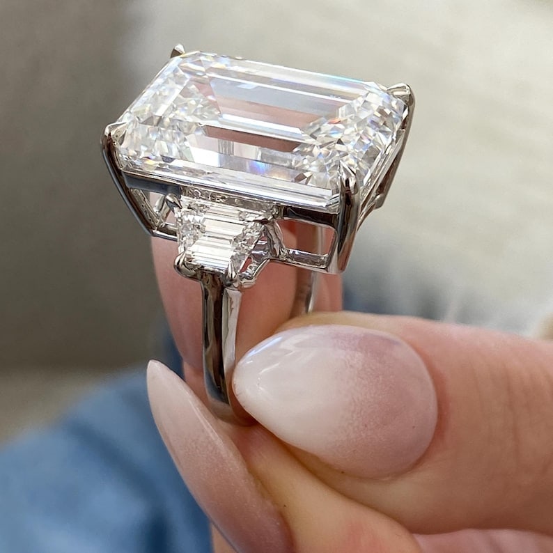 Certified 20 Carat 14KT Solid White Gold Lab Grown Diamond Emerald Cut Engagement Ring - 2