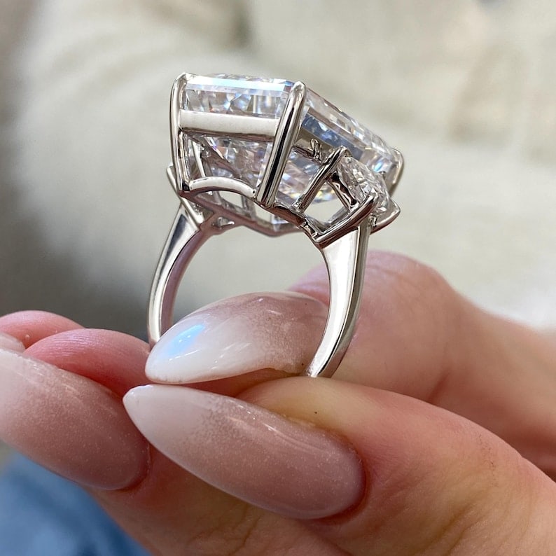 Certified 20 Carat 14KT Solid White Gold Lab Grown Diamond Emerald Cut Engagement Ring - 3